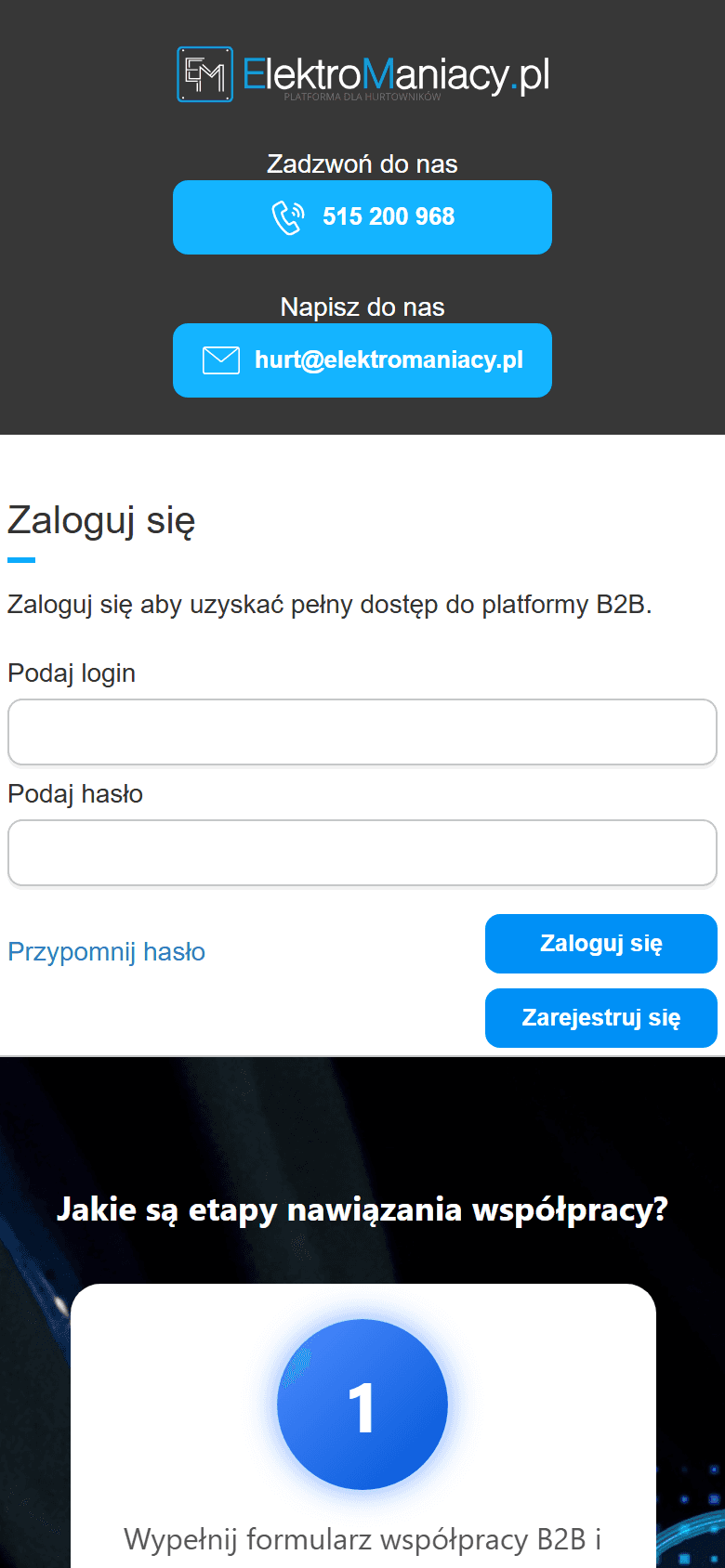 Strona główna b2b.elektromaniacy.pl – widok na telefonie